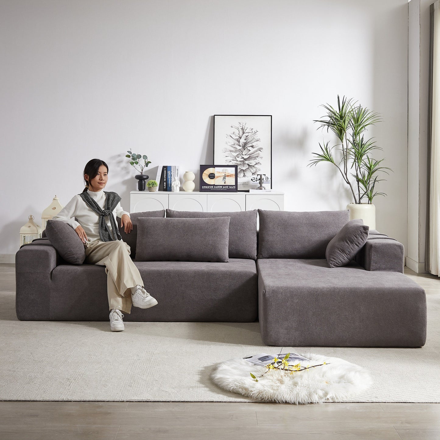 Corduroy Fabric 3-Seater Cloud Couch with 2 Movable Footrest,U Shaped Couch Set,Upholstered Deep Seat 2-Seat with 3 cushions