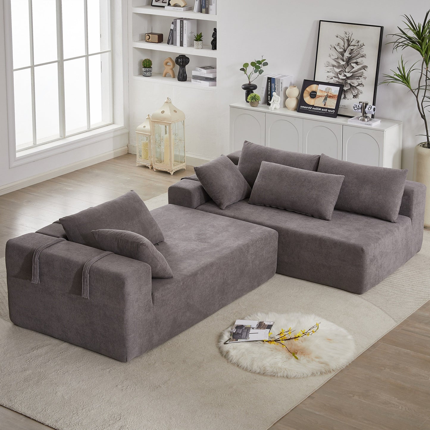 Corduroy Fabric 3-Seater Cloud Couch with 2 Movable Footrest,U Shaped Couch Set,Upholstered Deep Seat 2-Seat with 3 cushions