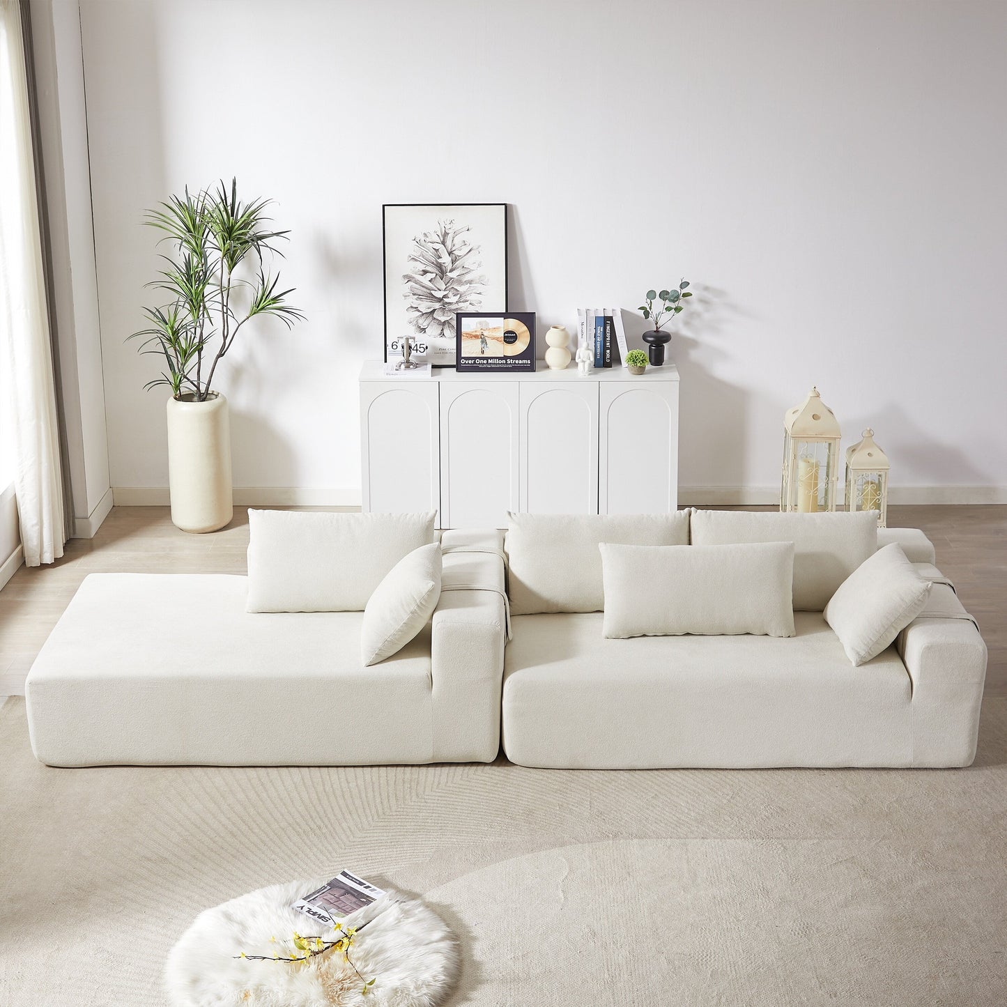 Corduroy Fabric 3-Seater Cloud Couch with 2 Movable Footrest,U Shaped Couch Set,Upholstered Deep Seat 2-Seat with 3 cushions