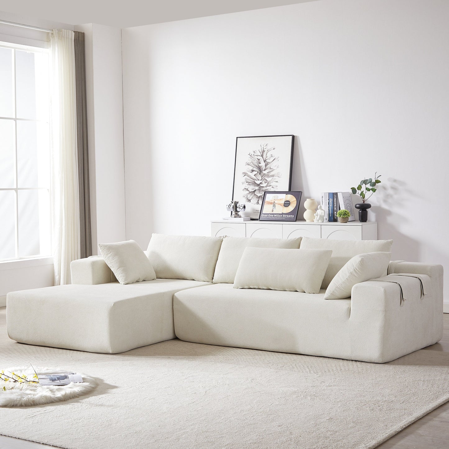 Corduroy Fabric 3-Seater Cloud Couch with 2 Movable Footrest,U Shaped Couch Set,Upholstered Deep Seat 2-Seat with 3 cushions
