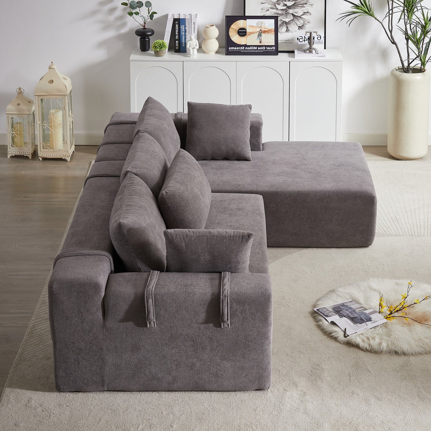Corduroy Fabric 3-Seater Cloud Couch with 2 Movable Footrest,U Shaped Couch Set,Upholstered Deep Seat 2-Seat with 3 cushions