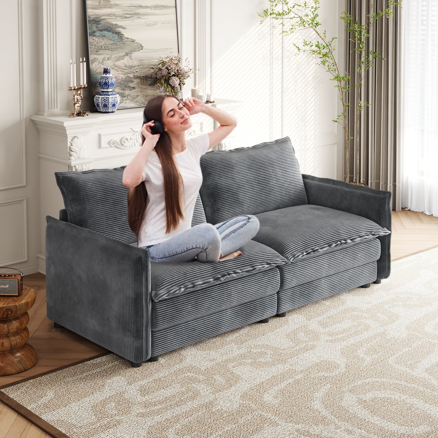 Corduroy Fabric Loveseat Sofa Couch for Living Room, Upholstered Large Size Deep Seat 2-Seat Sofa with 2 Pillow