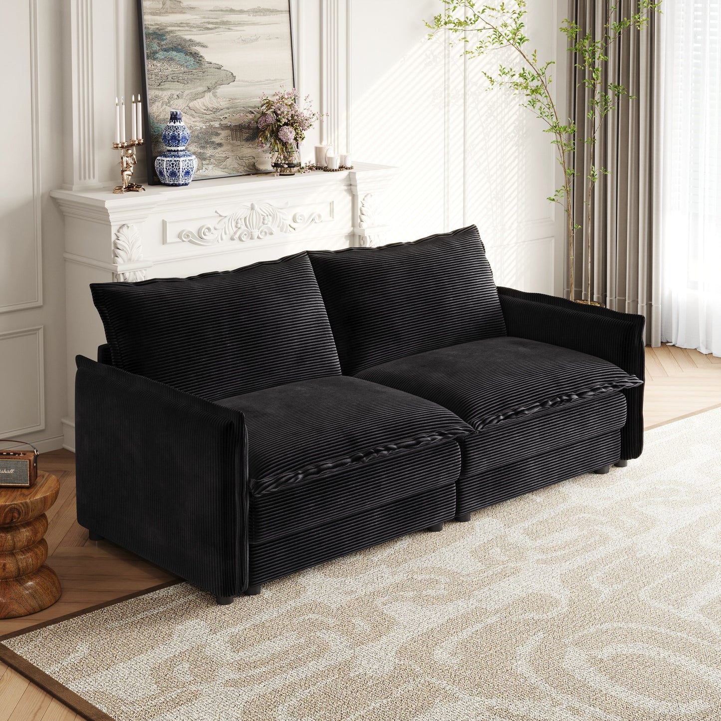 Corduroy Fabric Loveseat Sofa Couch for Living Room, Upholstered Large Size Deep Seat 2-Seat Sofa with 2 Pillow