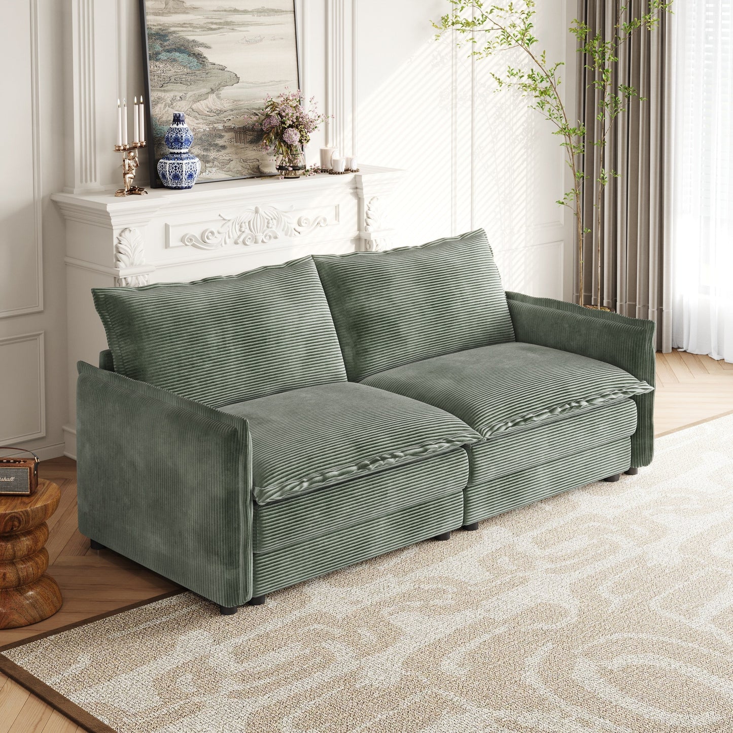 Corduroy Fabric Loveseat Sofa Couch for Living Room, Upholstered Large Size Deep Seat 2-Seat Sofa with 2 Pillow