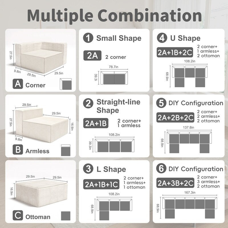 Corduroy Module with Two Ottoman Compression Sofas