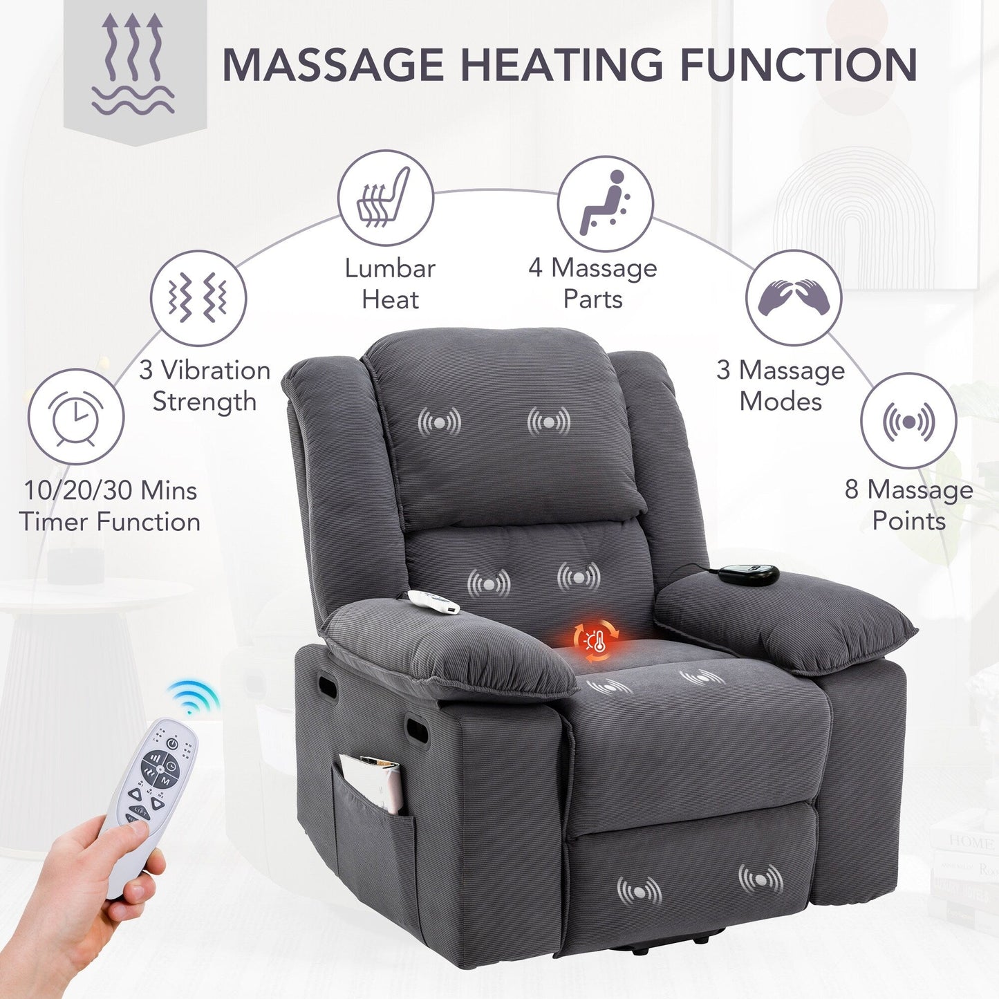 Corduroy Power Lift Recliner with Massage & Extendable Armrests