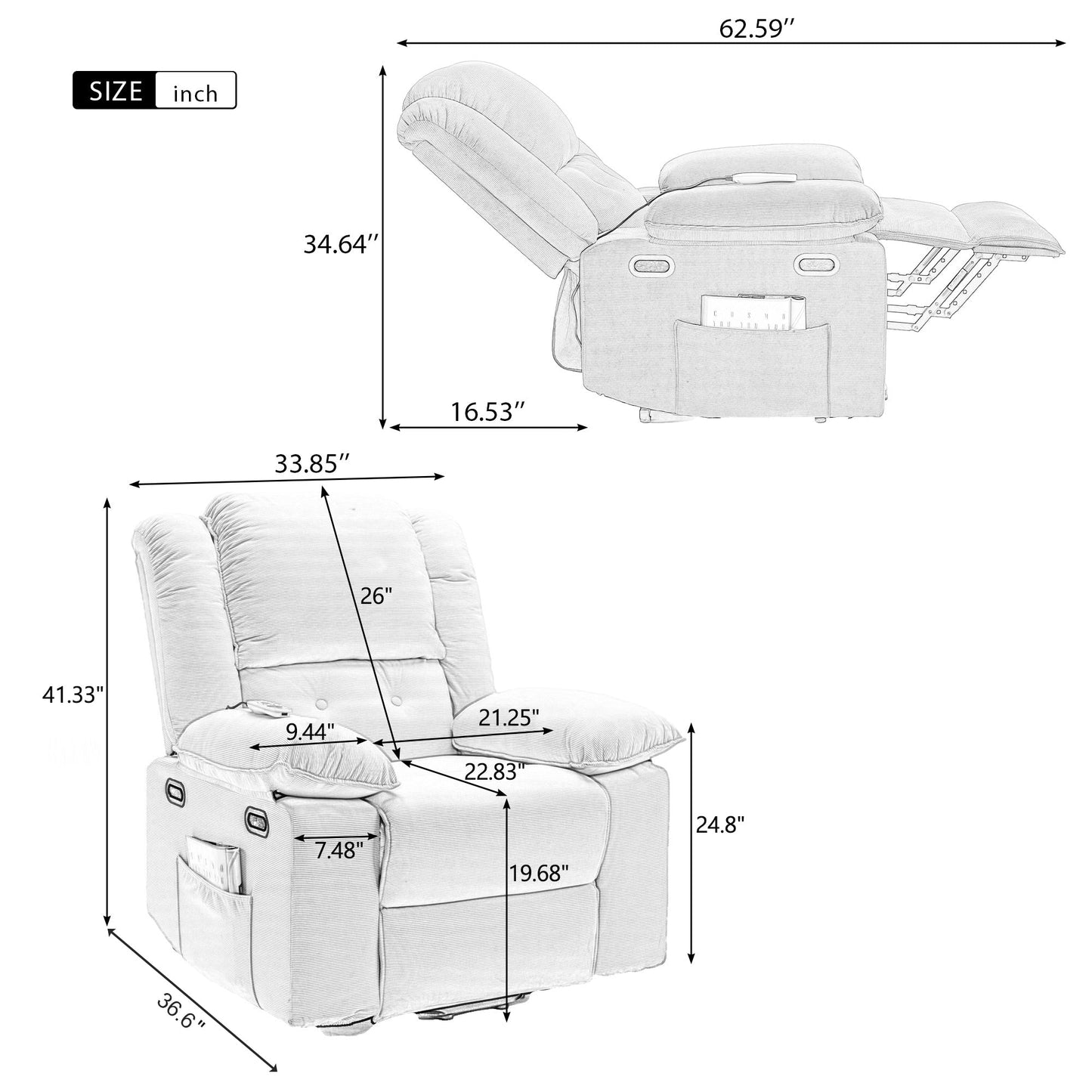 Corduroy Power Lift Recliner with Massage & Extendable Armrests