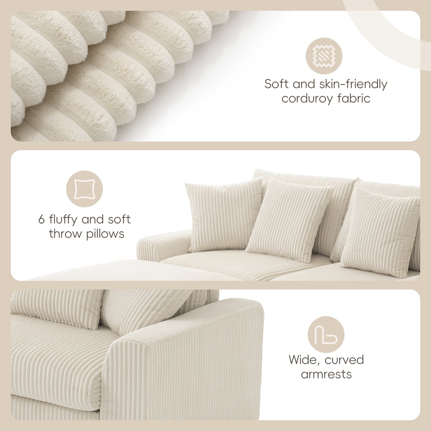Corduroy Sectional Sofa with Bluetooth Speakers, USB Charger, Cup Holders, Storage, Ottoman, Deep and Wide Seat