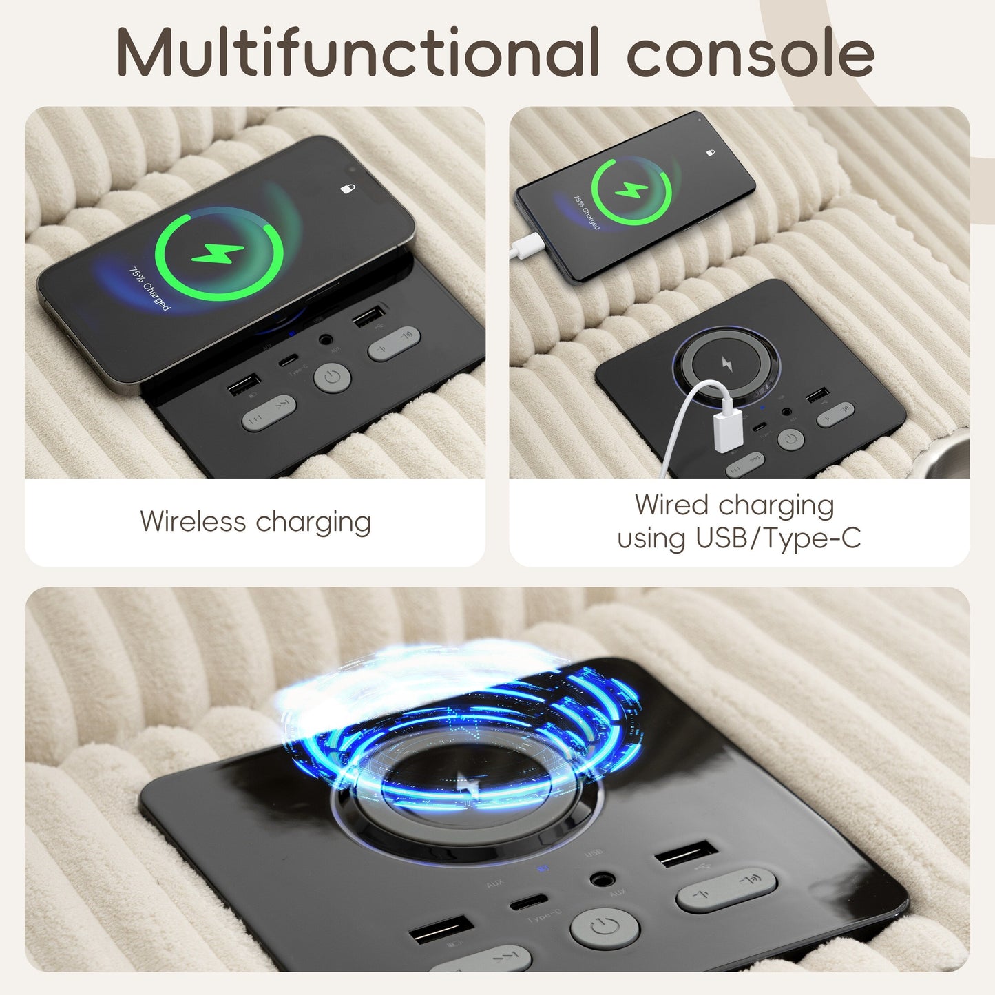 Corduroy Sectional Sofa with Bluetooth Speakers, USB Charger, Cup Holders, Storage, Ottoman, Deep and Wide Seat