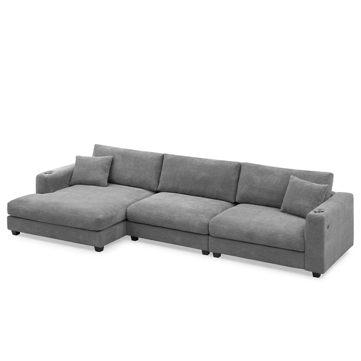 Corduroy Sectional Sofa,L Shaped Cloud Couch With Usb Charging Port,Cup Holder,Deep Seat Sofa Bed With 50 Chaise