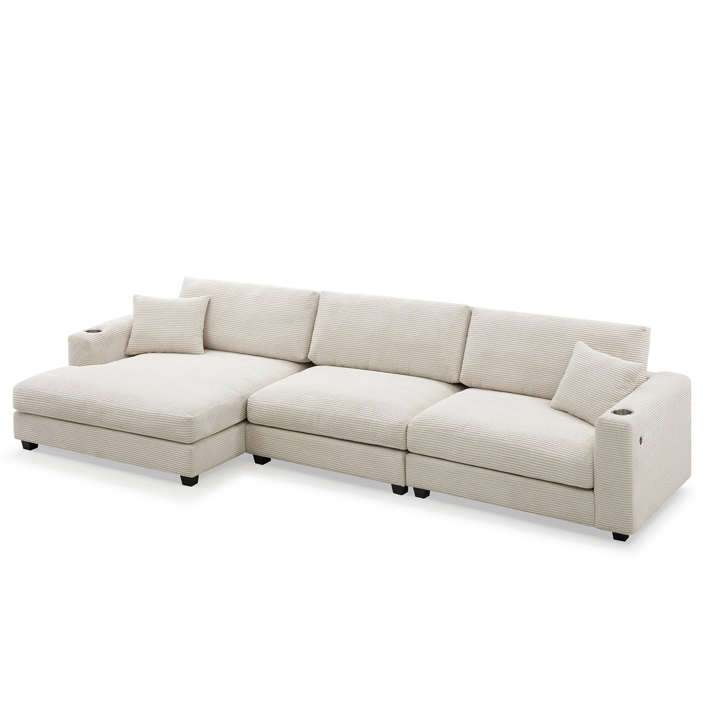 Corduroy Sectional Sofa,L Shaped Cloud Couch With Usb Charging Port,Cup Holder,Deep Seat Sofa Bed With 50 Chaise