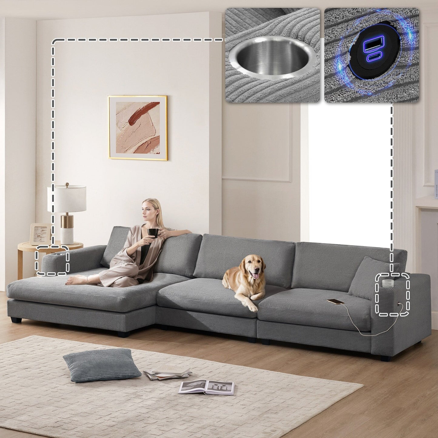 Corduroy Sectional Sofa,L Shaped Cloud Couch With Usb Charging Port,Cup Holder,Deep Seat Sofa Bed With 50 Chaise