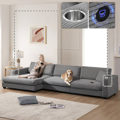 Corduroy Sectional Sofa,L Shaped Cloud Couch With Usb Charging Port,Cup Holder,Deep Seat Sofa Bed With 50 Chaise