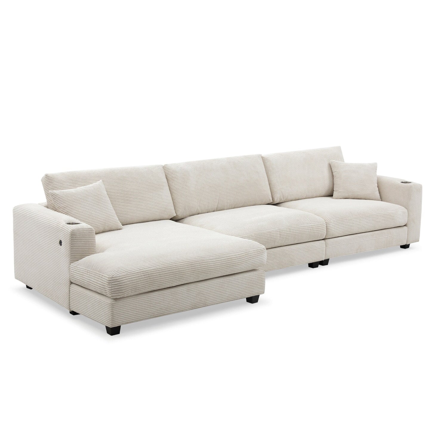Corduroy Sectional Sofa,L Shaped Cloud Couch With Usb Charging Port,Cup Holder,Deep Seat Sofa Bed With 50 Chaise