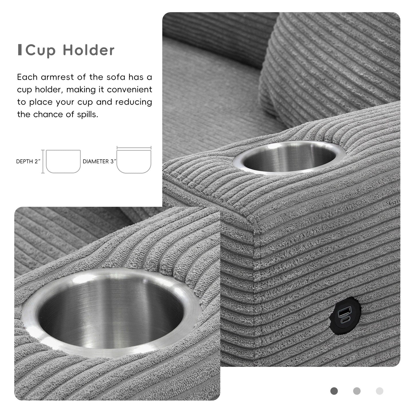 Corduroy Sectional Sofa,L Shaped Cloud Couch With Usb Charging Port,Cup Holder,Deep Seat Sofa Bed With 50 Chaise