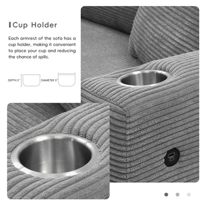 Corduroy Sectional Sofa,L Shaped Cloud Couch With Usb Charging Port,Cup Holder,Deep Seat Sofa Bed With 50 Chaise