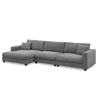 Corduroy Sectional Sofa,L Shaped Cloud Couch With Usb Charging Port,Cup Holder,Deep Seat Sofa Bed With 50 Chaise