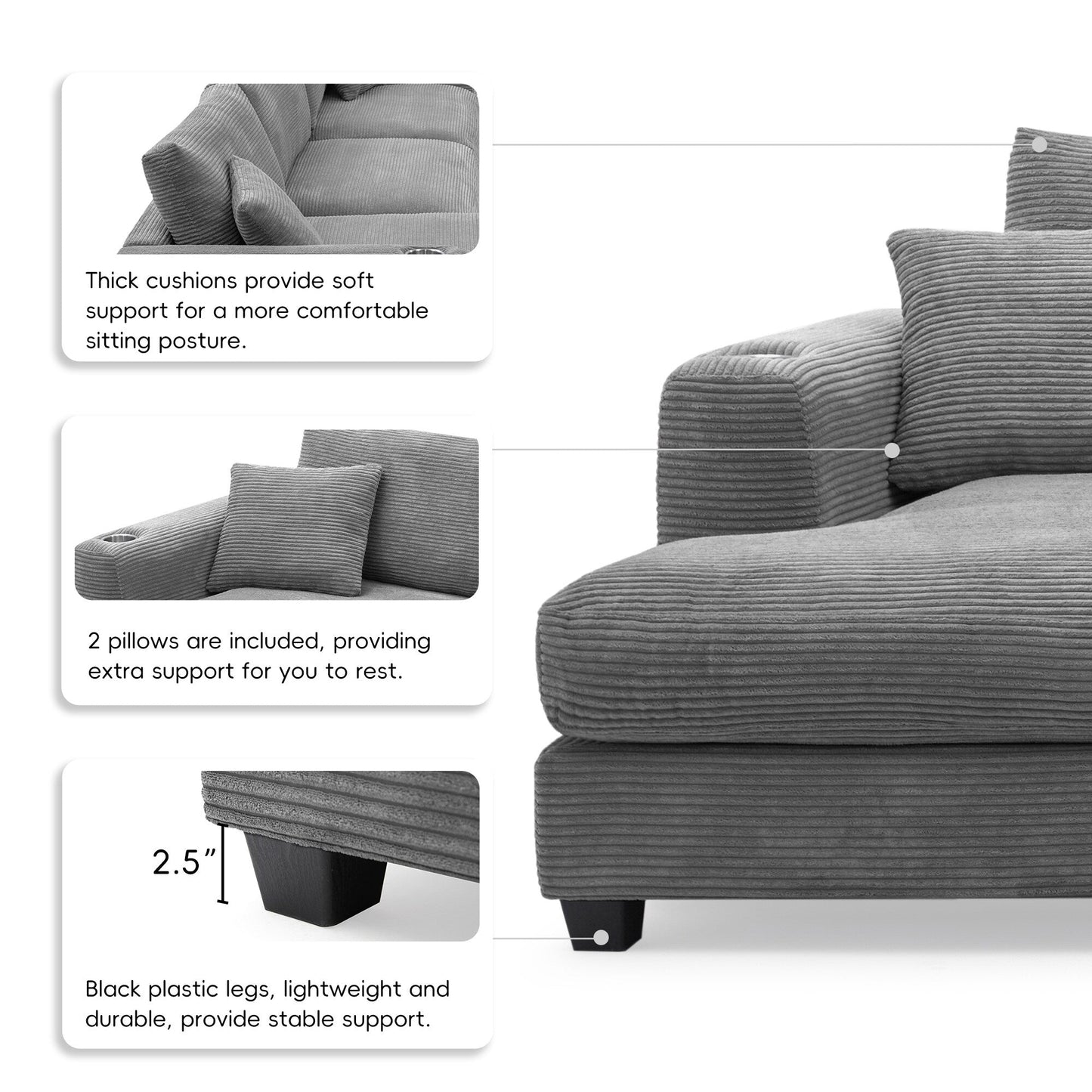Corduroy Sectional Sofa,L Shaped Cloud Couch With Usb Charging Port,Cup Holder,Deep Seat Sofa Bed With 50 Chaise