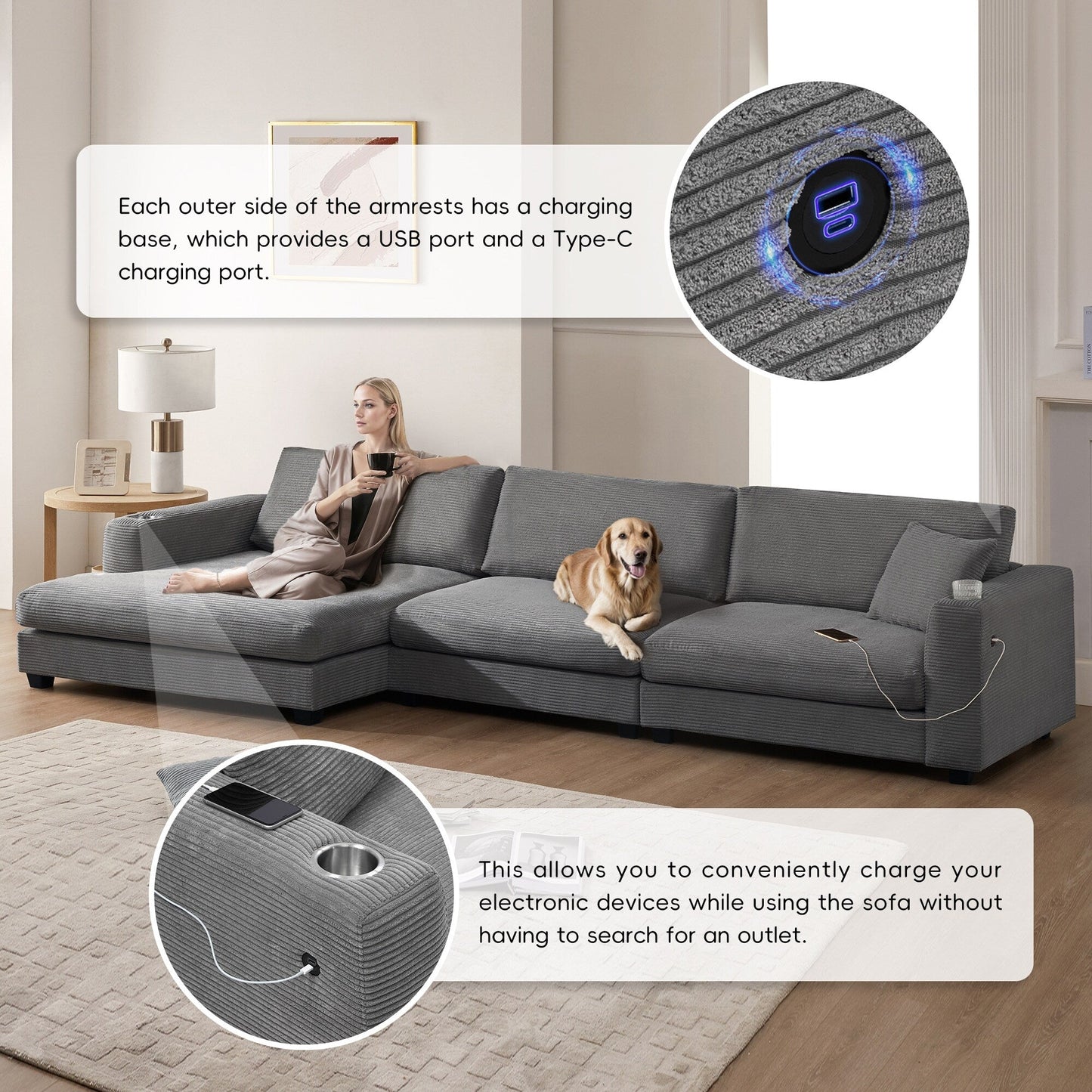 Corduroy Sectional Sofa,L Shaped Cloud Couch With Usb Charging Port,Cup Holder,Deep Seat Sofa Bed With 50 Chaise