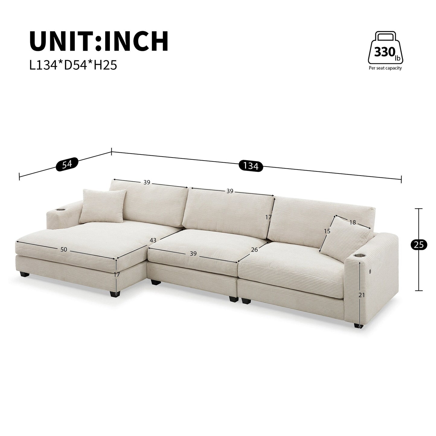 Corduroy Sectional Sofa,L Shaped Cloud Couch With Usb Charging Port,Cup Holder,Deep Seat Sofa Bed With 50 Chaise