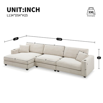 Corduroy Sectional Sofa,L Shaped Cloud Couch With Usb Charging Port,Cup Holder,Deep Seat Sofa Bed With 50 Chaise