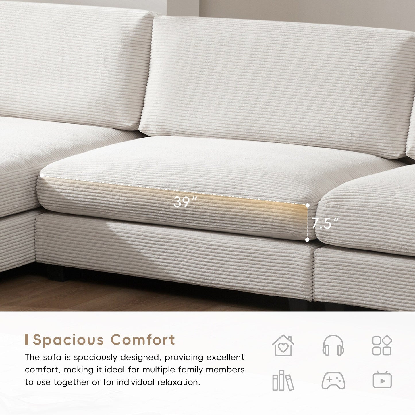 Corduroy Sectional Sofa,L Shaped Cloud Couch With Usb Charging Port,Cup Holder,Deep Seat Sofa Bed With 50 Chaise