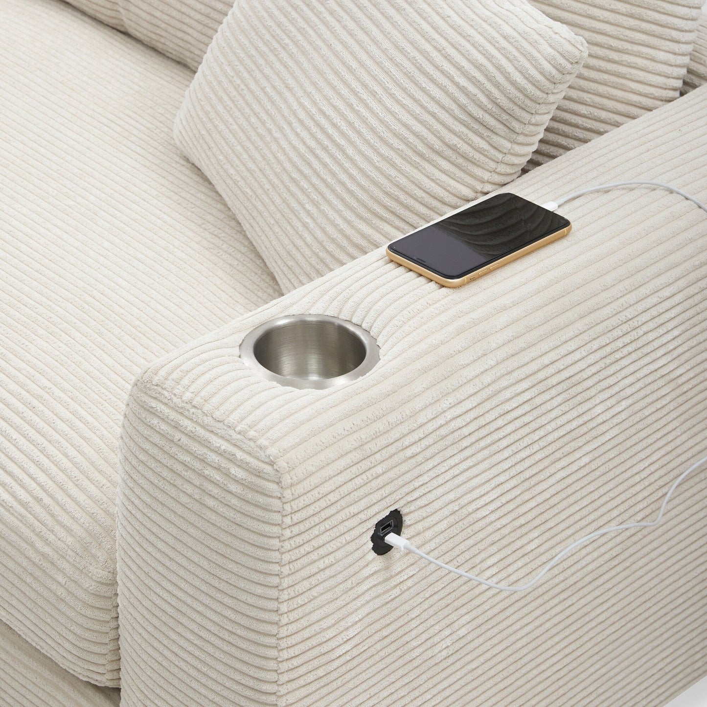 Corduroy Sectional Sofa,L Shaped Cloud Couch With Usb Charging Port,Cup Holder,Deep Seat Sofa Bed With 50 Chaise