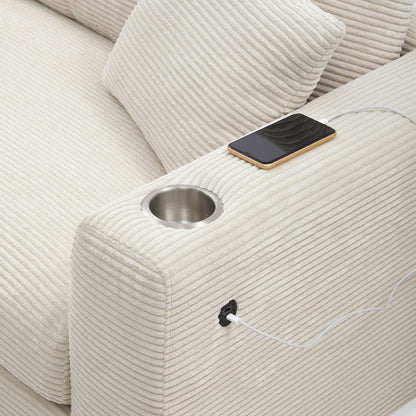 Corduroy Sectional Sofa,L Shaped Cloud Couch With Usb Charging Port,Cup Holder,Deep Seat Sofa Bed With 50 Chaise