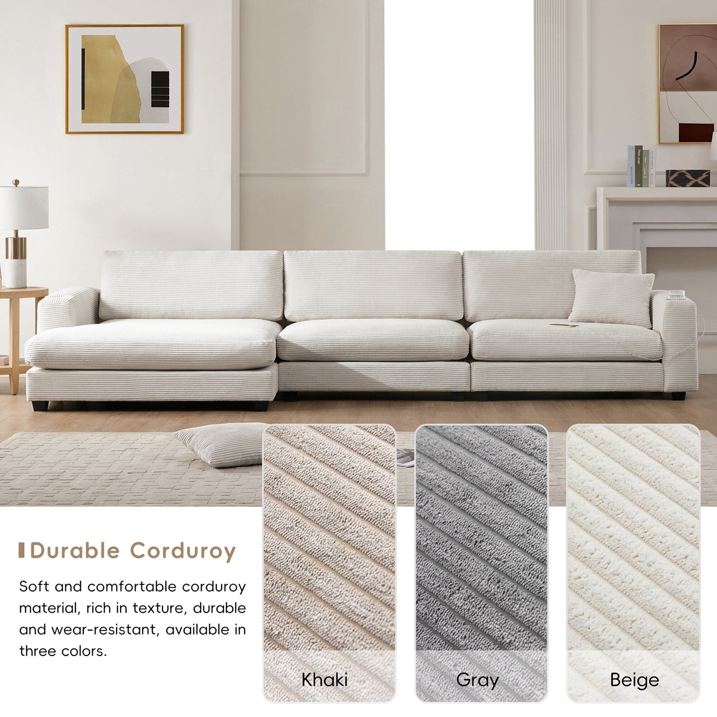 Corduroy Sectional Sofa,L Shaped Cloud Couch With Usb Charging Port,Cup Holder,Deep Seat Sofa Bed With 50 Chaise