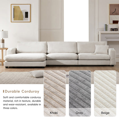Corduroy Sectional Sofa,L Shaped Cloud Couch With Usb Charging Port,Cup Holder,Deep Seat Sofa Bed With 50 Chaise