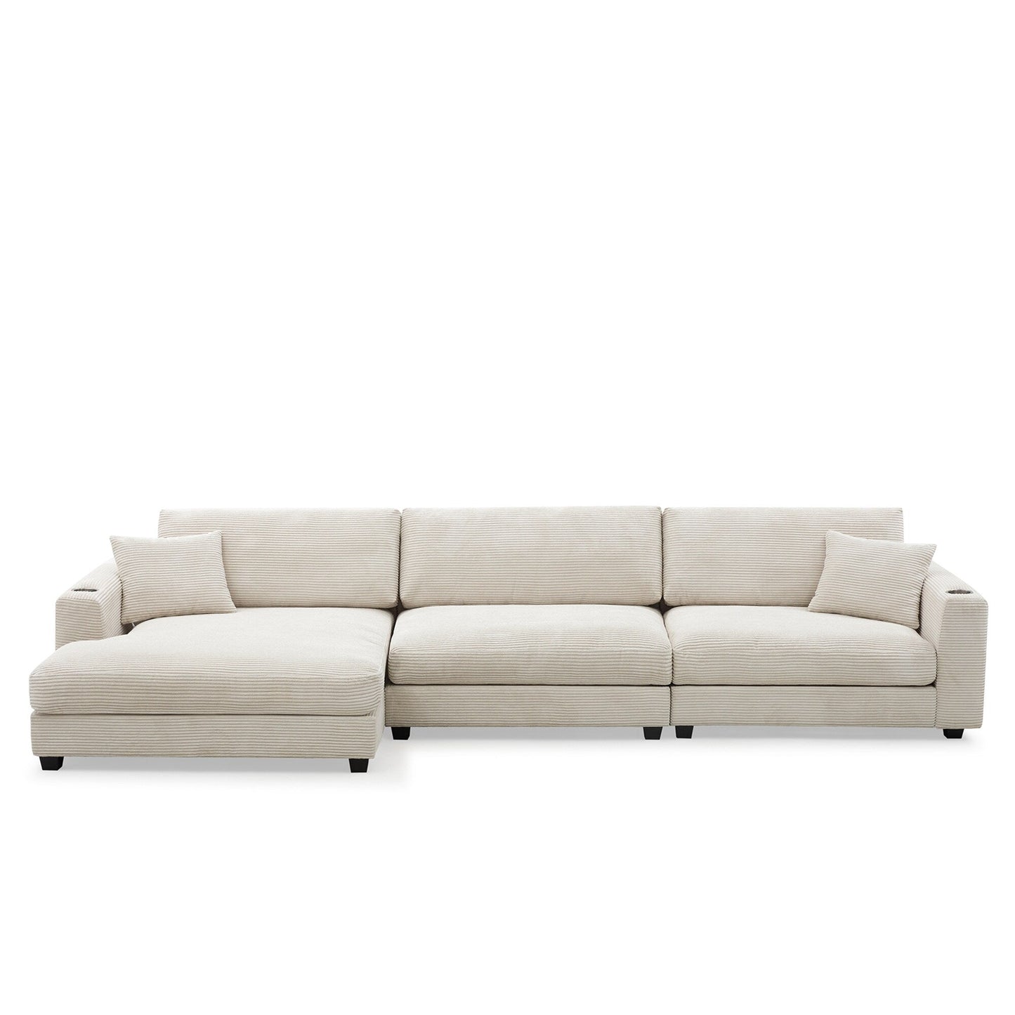 Corduroy Sectional Sofa,L Shaped Cloud Couch With Usb Charging Port,Cup Holder,Deep Seat Sofa Bed With 50 Chaise