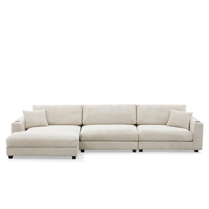 Corduroy Sectional Sofa,L Shaped Cloud Couch With Usb Charging Port,Cup Holder,Deep Seat Sofa Bed With 50 Chaise