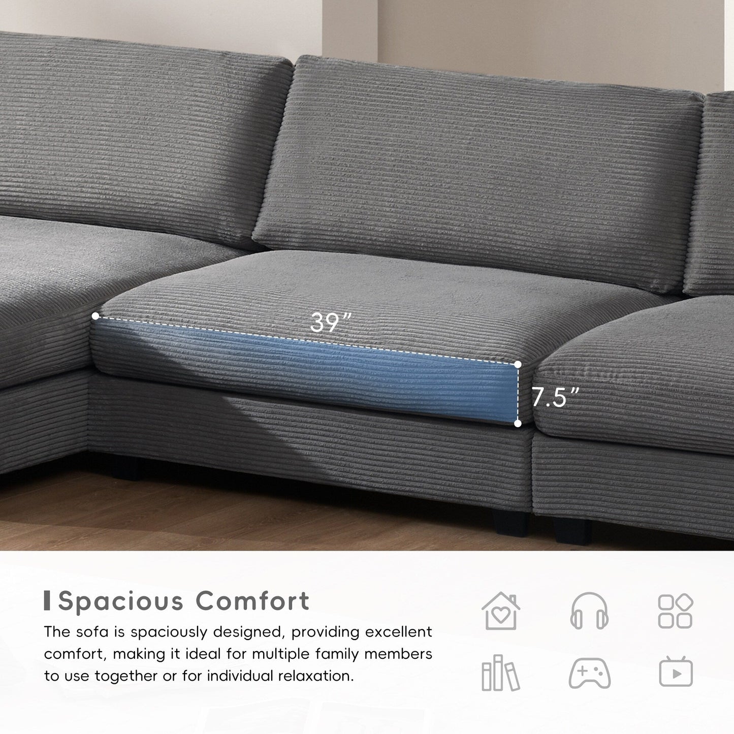 Corduroy Sectional Sofa,L Shaped Cloud Couch With Usb Charging Port,Cup Holder,Deep Seat Sofa Bed With 50 Chaise