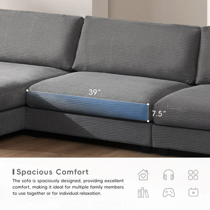 Corduroy Sectional Sofa,L Shaped Cloud Couch With Usb Charging Port,Cup Holder,Deep Seat Sofa Bed With 50 Chaise