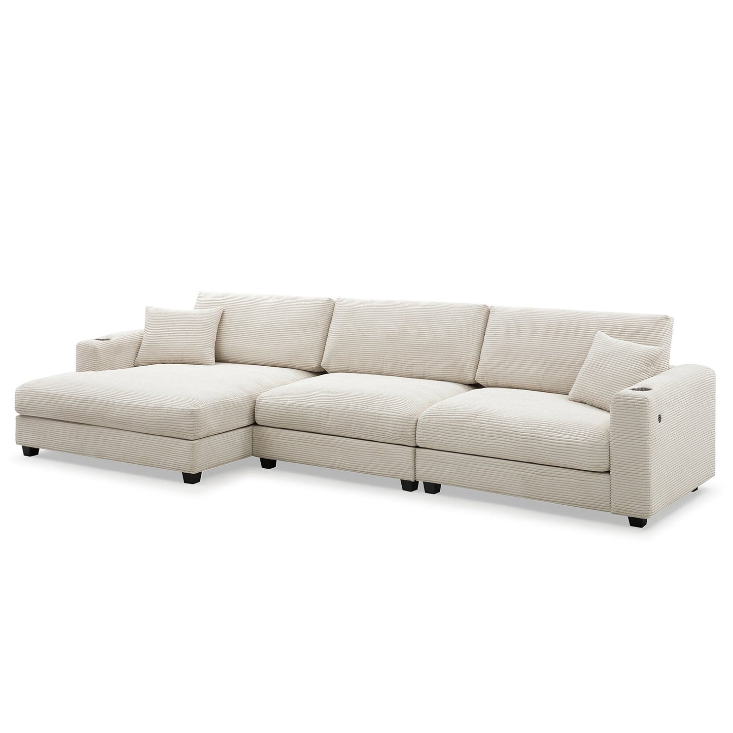 Corduroy Sectional Sofa,L Shaped Cloud Couch With Usb Charging Port,Cup Holder,Deep Seat Sofa Bed With 50 Chaise