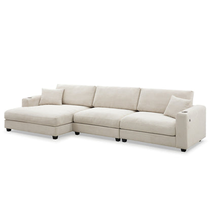 Corduroy Sectional Sofa,L Shaped Cloud Couch With Usb Charging Port,Cup Holder,Deep Seat Sofa Bed With 50 Chaise