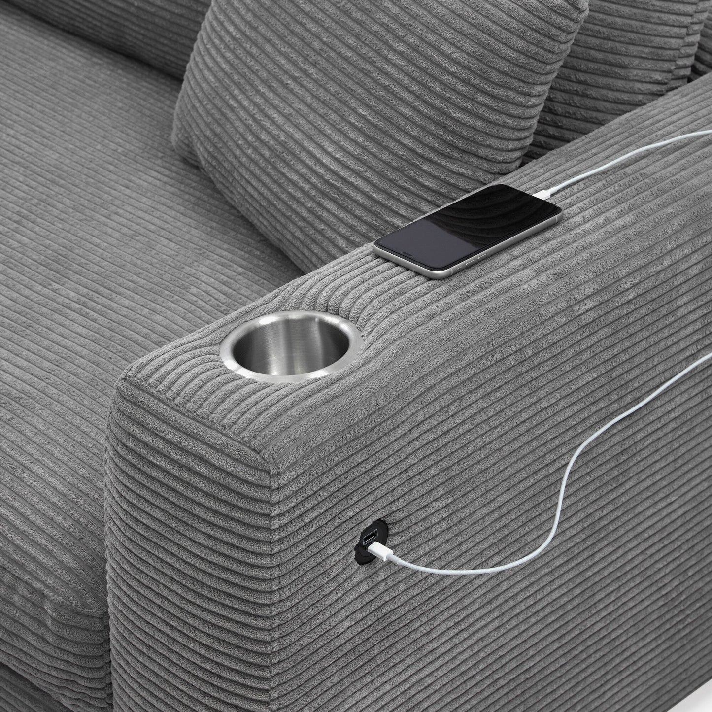 Corduroy Sectional Sofa,L Shaped Cloud Couch With Usb Charging Port,Cup Holder,Deep Seat Sofa Bed With 50 Chaise
