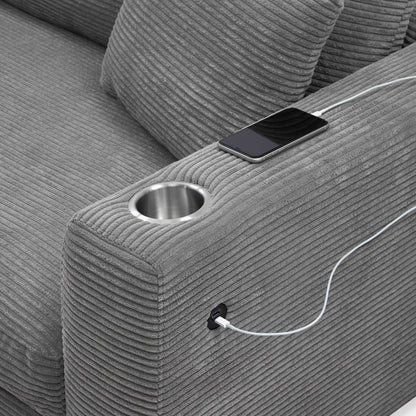 Corduroy Sectional Sofa,L Shaped Cloud Couch With Usb Charging Port,Cup Holder,Deep Seat Sofa Bed With 50 Chaise