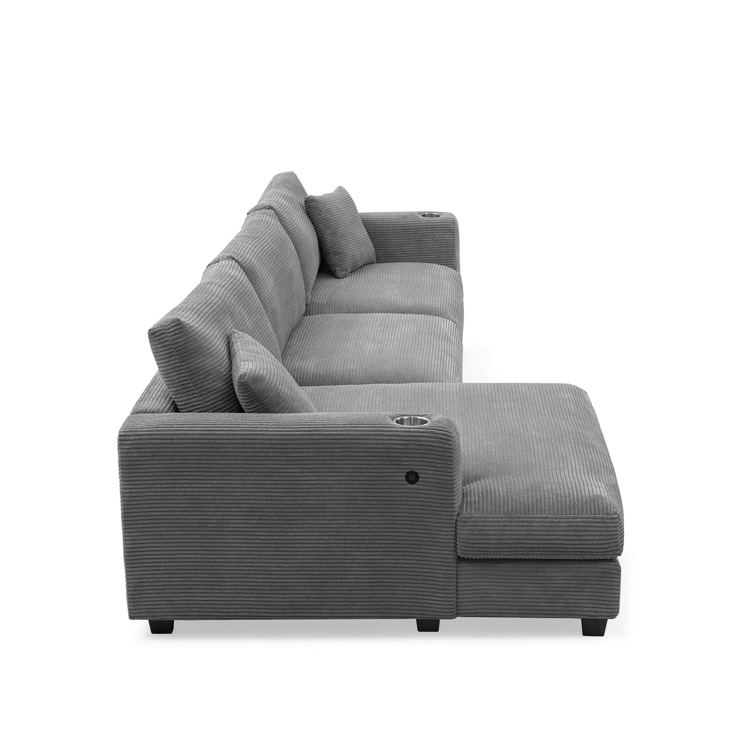 Corduroy Sectional Sofa,L Shaped Cloud Couch With Usb Charging Port,Cup Holder,Deep Seat Sofa Bed With 50 Chaise