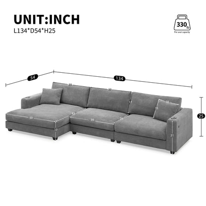 Corduroy Sectional Sofa,L Shaped Cloud Couch With Usb Charging Port,Cup Holder,Deep Seat Sofa Bed With 50 Chaise