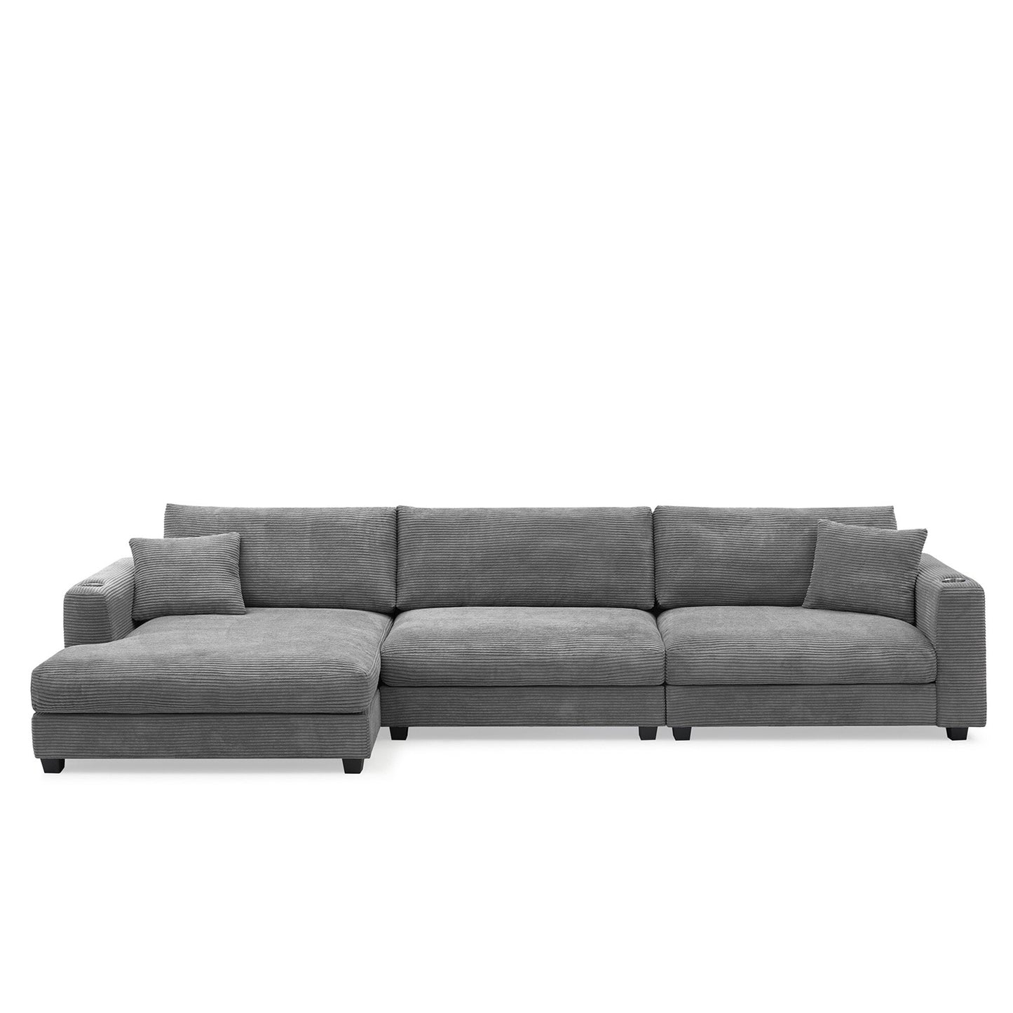 Corduroy Sectional Sofa,L Shaped Cloud Couch With Usb Charging Port,Cup Holder,Deep Seat Sofa Bed With 50 Chaise