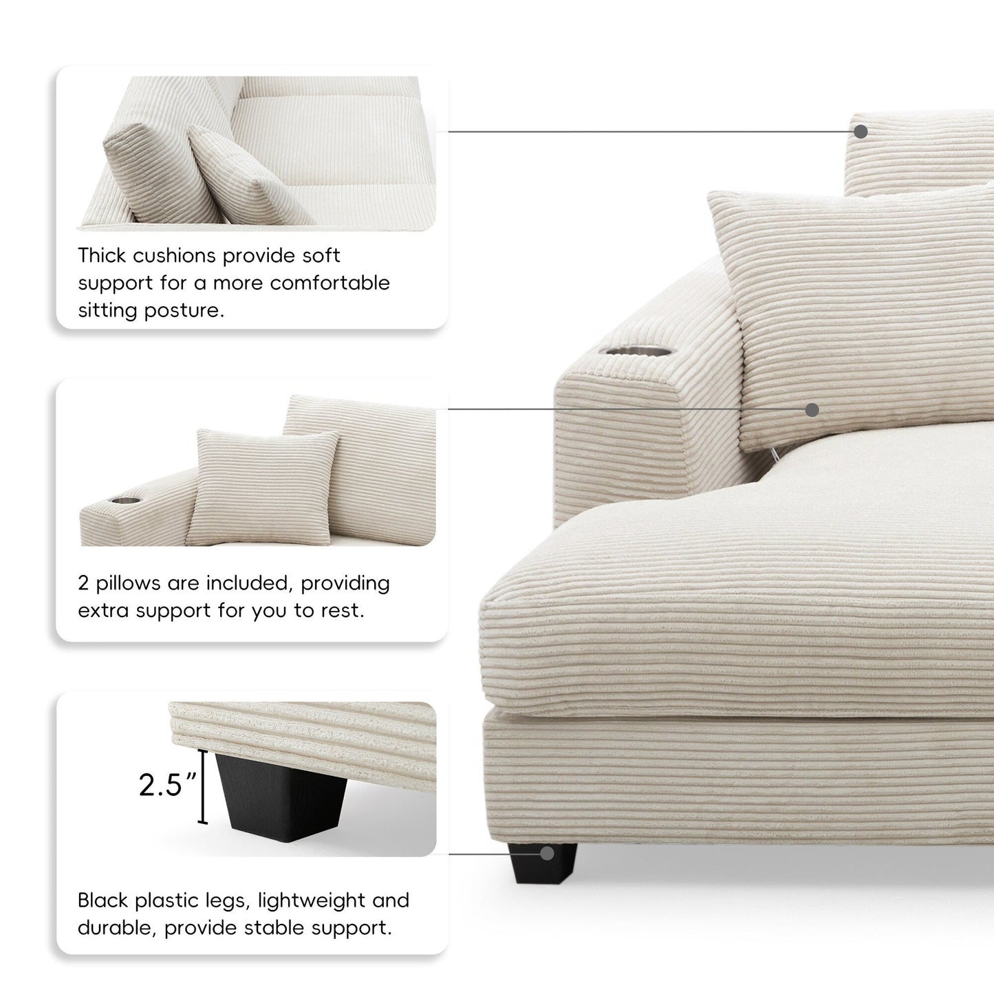 Corduroy Sectional Sofa,L Shaped Cloud Couch With Usb Charging Port,Cup Holder,Deep Seat Sofa Bed With 50 Chaise