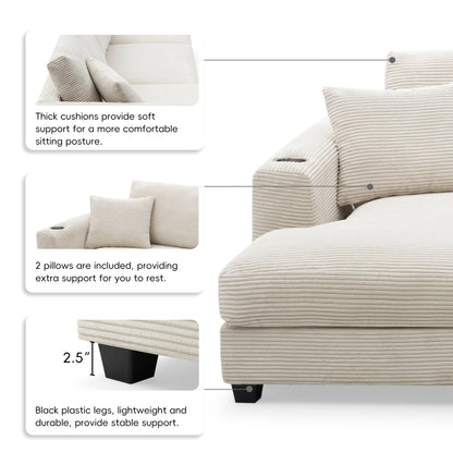 Corduroy Sectional Sofa,L Shaped Cloud Couch With Usb Charging Port,Cup Holder,Deep Seat Sofa Bed With 50 Chaise