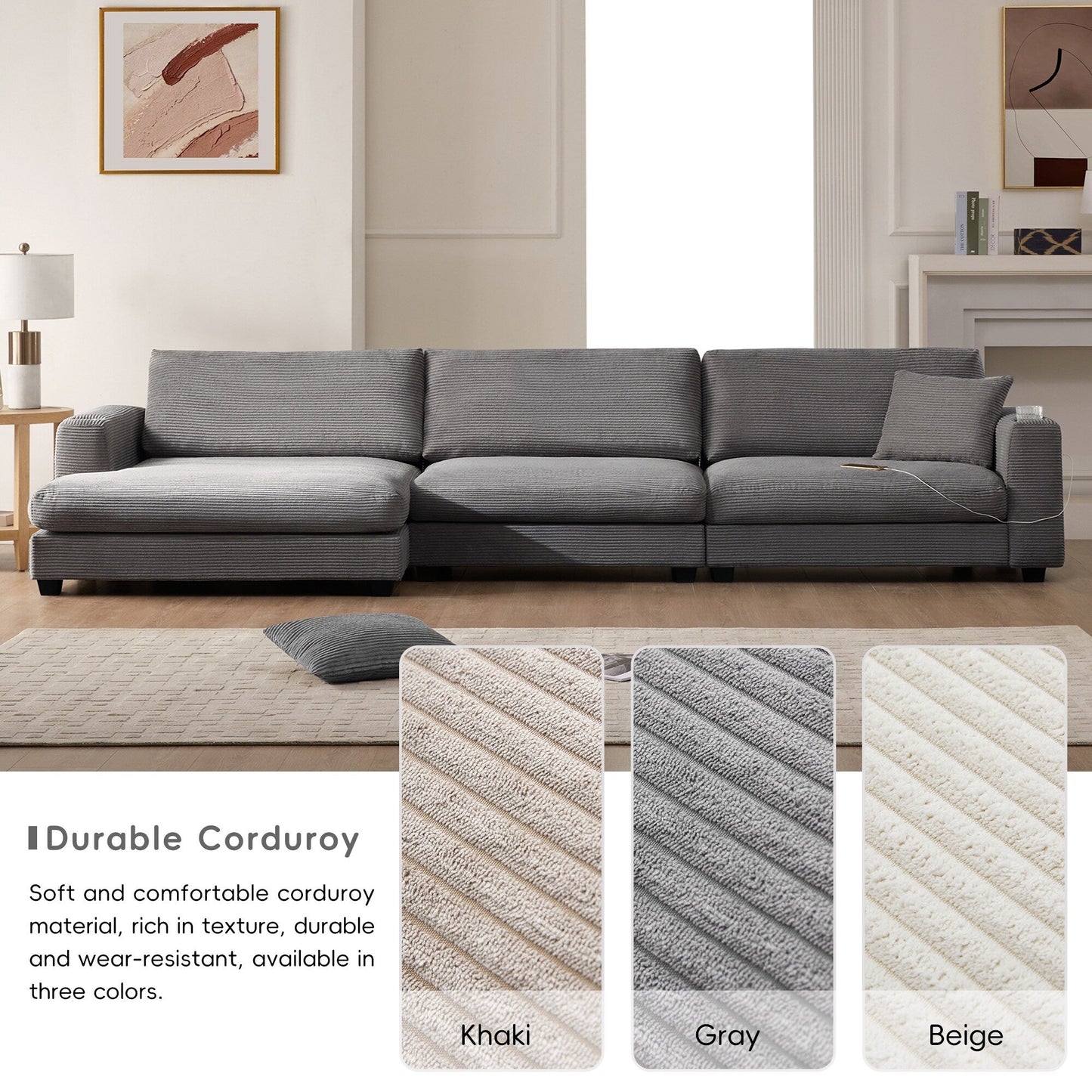 Corduroy Sectional Sofa,L Shaped Cloud Couch With Usb Charging Port,Cup Holder,Deep Seat Sofa Bed With 50 Chaise