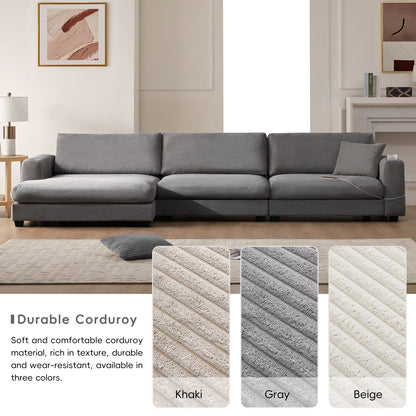 Corduroy Sectional Sofa,L Shaped Cloud Couch With Usb Charging Port,Cup Holder,Deep Seat Sofa Bed With 50 Chaise