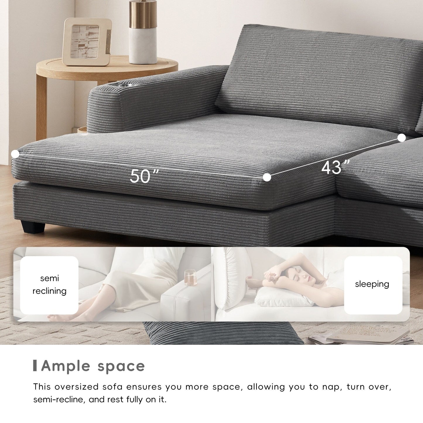 Corduroy Sectional Sofa,L Shaped Cloud Couch With Usb Charging Port,Cup Holder,Deep Seat Sofa Bed With 50 Chaise