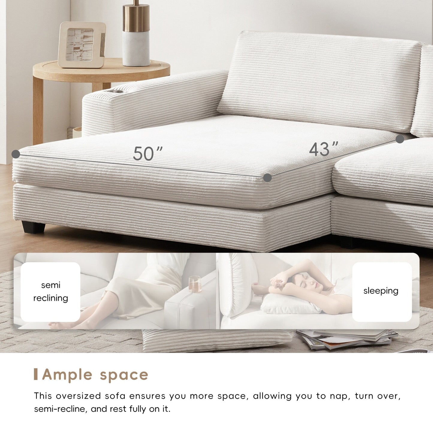 Corduroy Sectional Sofa,L Shaped Cloud Couch With Usb Charging Port,Cup Holder,Deep Seat Sofa Bed With 50 Chaise