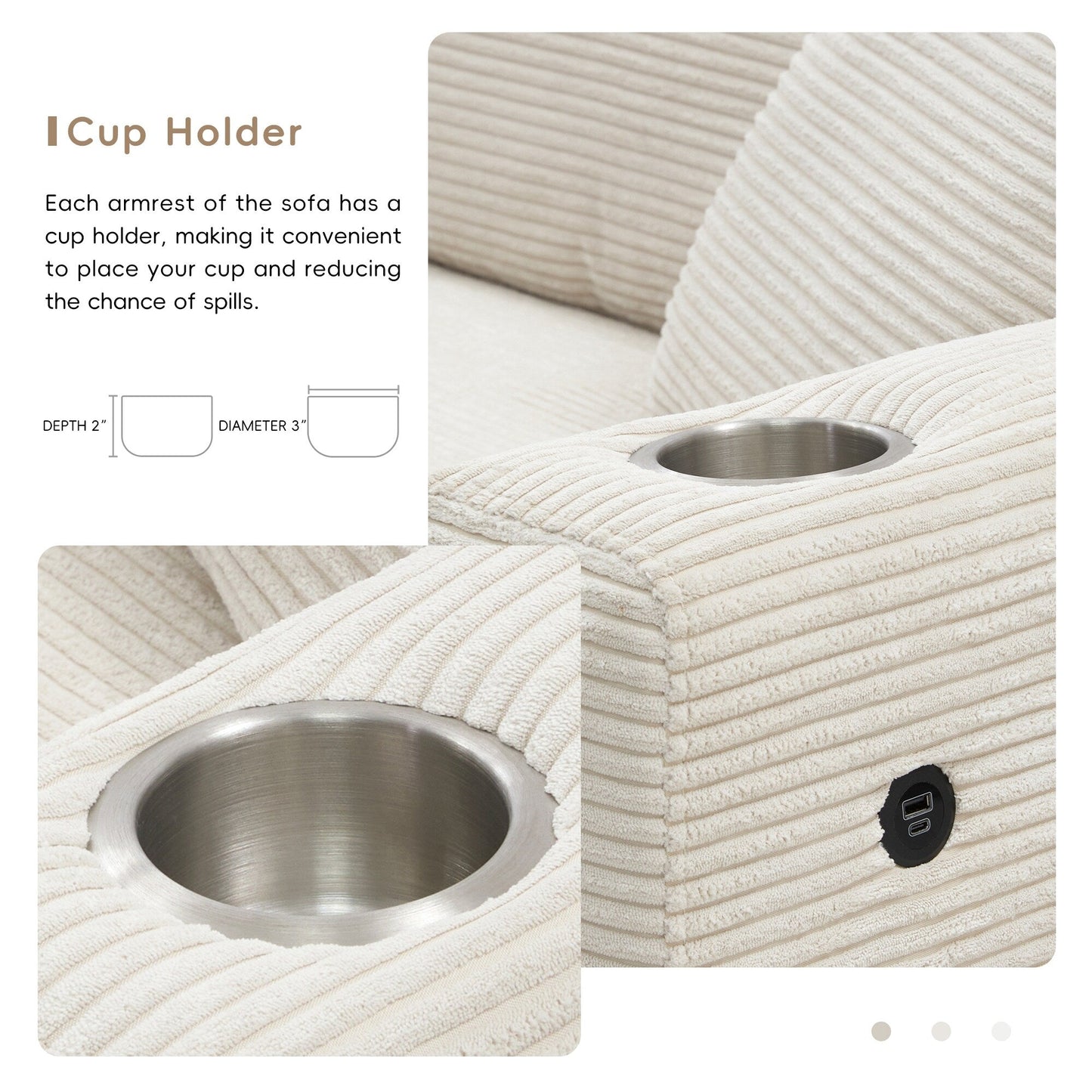 Corduroy Sectional Sofa,L Shaped Cloud Couch With Usb Charging Port,Cup Holder,Deep Seat Sofa Bed With 50 Chaise