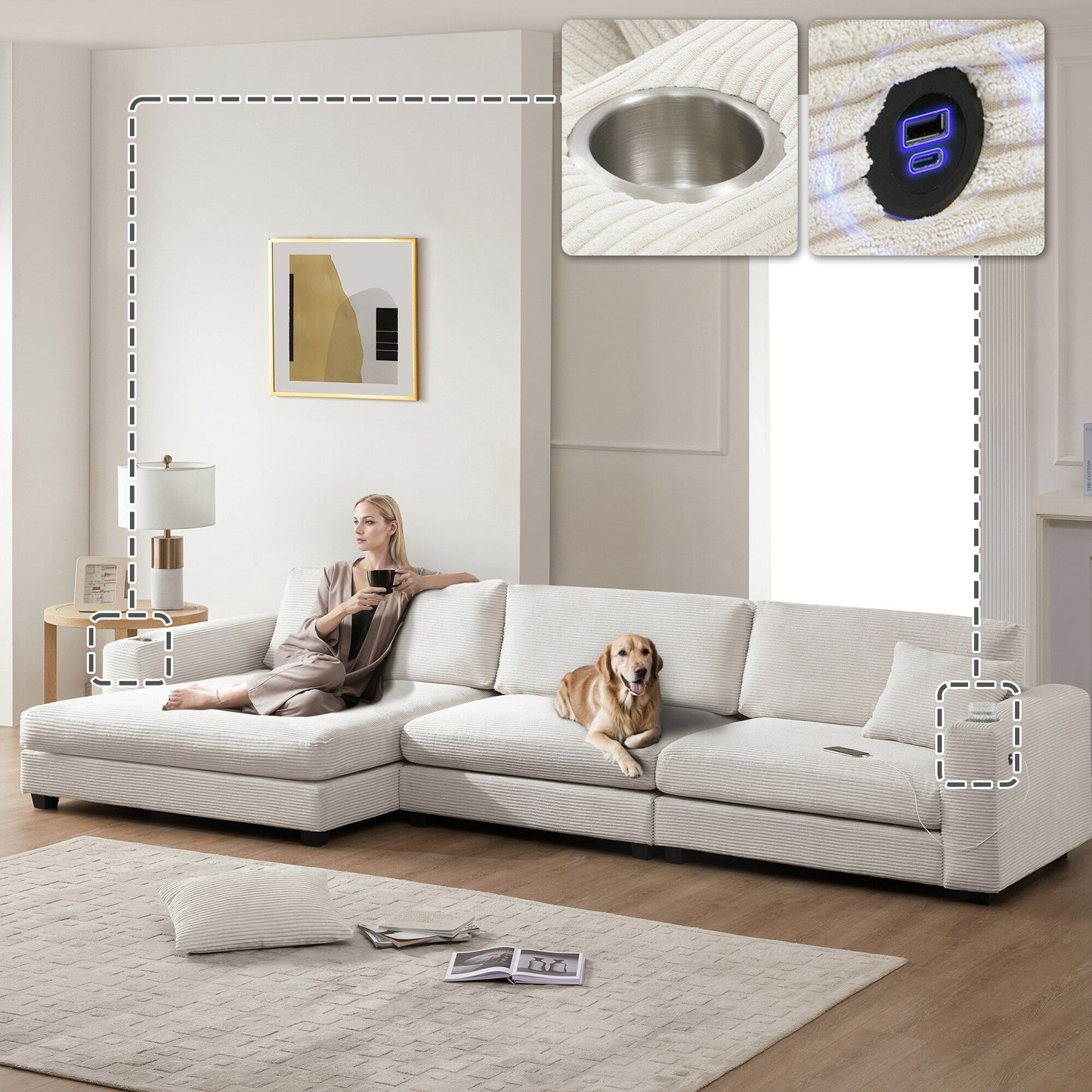 Corduroy Sectional Sofa,L Shaped Cloud Couch With Usb Charging Port,Cup Holder,Deep Seat Sofa Bed With 50 Chaise