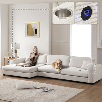 Corduroy Sectional Sofa,L Shaped Cloud Couch With Usb Charging Port,Cup Holder,Deep Seat Sofa Bed With 50 Chaise